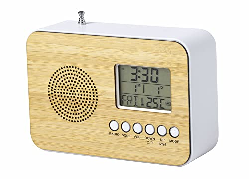 Antevia – Reloj de escritorio digital – Radio despertador + función de temperatura | más de 10 modelos | Material: madera | a pilas (tulax)