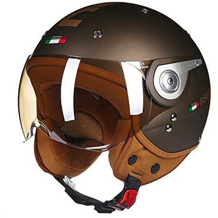 Jethelm Retro Style Motorrad 3/4 Halbhelm Mit Visier Für Herren Damen Half Face Motorradhelm Straßenhelm ECE-Geprüft Mit Schnellverschluss F,M=56~57CM