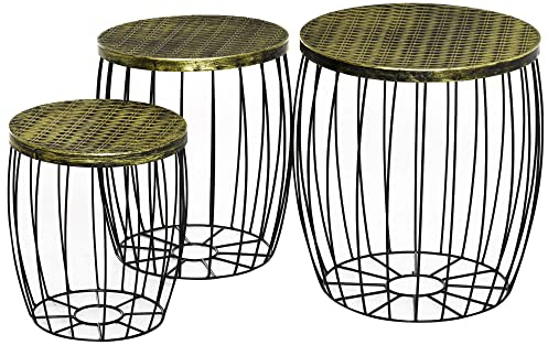 Outsunny 3er-Set Couchtische Beistelltische Gartentisch Retro Metallkorb Drahtkorb Garten Satztisch Gartenmöbel Outdoor Balkon Metall Natur+Schwarz 3 Größen
