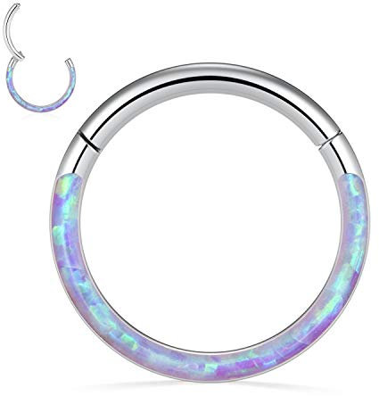 AROWRO 14G Daith Rook Ohrringe Septum Clicker Nasenringe 10mm Septum Schmuck Septum Ring Helix Daith Septum Rook Conch Piercing Schmuck Chirurgenstahl Lila Opal Intarsien Silber