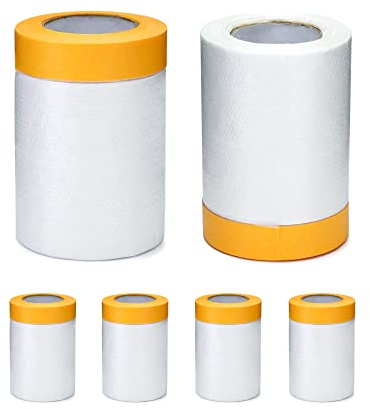 QWORK® 6 Rollen malerkrepp mit abdeckfolie, Staubschutzfolie aus Kunststoff zum Dekorieren, staubdicht und wasserdicht, 55 cm x 20 m, zum Auto oder Möbel
