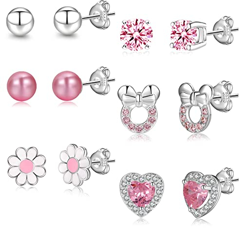 6-8 Paar 925 Sterling Silber Ohrringe für Mädchen und Damen - Hypoallergene Tiny Herz Hoop CZ Ball Schmetterling Daisy Set für Teenager Kinder Kleinkind in Rosa Silber