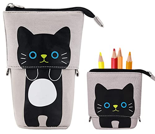 Hillylolly Federtasche Katze, Katzen Federmäppchen, Kinder Mäppchen Katze, Katze Schreibwaren, für Mädchen Jungen Teen Geschenk, 12.5~19cm (Grau)