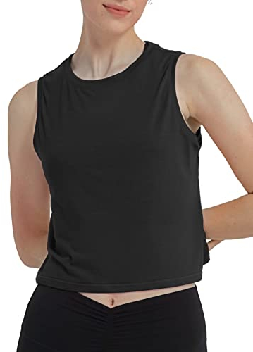 sissycos Damen Sport Crop Tank Top Ärmellos, Sanft Kurze Racerback Shirt Rundem Ausschnitt für Fitness Yoga Beiläufig(Schwarz,M)
