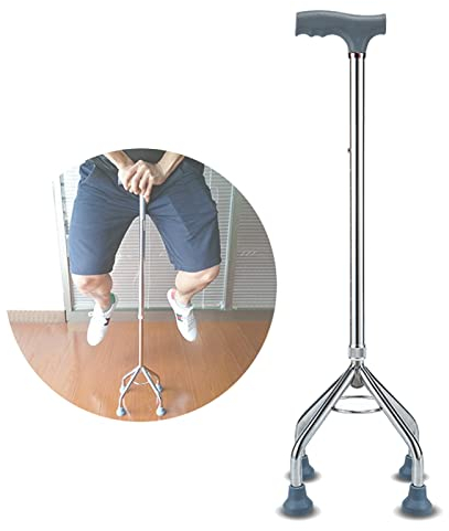 Quad Cane Verstellbarer Gehstock mit 4-Zacken-Füßen für zusätzliche Stabilität Kleine Quad-Basis für Herren Damen und Senioren, Silber