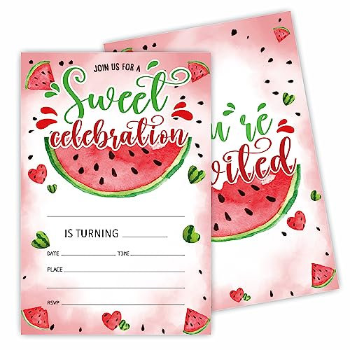 YKYENR Wassermelone Geburtstagseinladungen – Sweet Celebration – 20 Früchte Einladungskarten mit Umschlägen, Geburtstagsparty, Dekorationen & Zubehör – 20