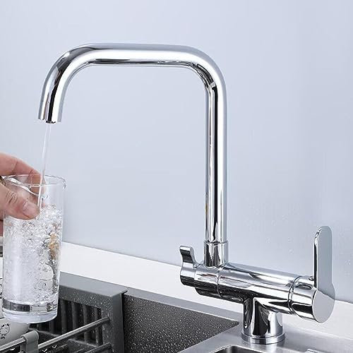 Grifo Cocina 3 Vias Osmosis Abatible, Grifo de Cocina para Ventana Plegable Giratorio de 360° Agua Purificada Agua Fría y Caliente Latón Grifos Fregadero Cocina-Cromo
