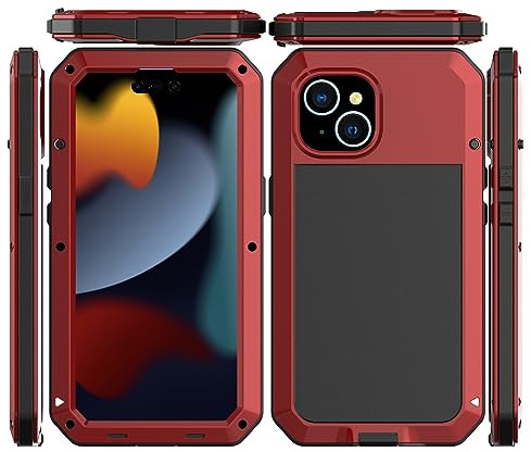 Amulent Case For iPhone 15 Metal Case Red Heavy Duty Gorilla Cover High Impact Shockproof Tough Protective Armor Defender Comfortable and Durable Mobile Phone Cover For iPhone 15