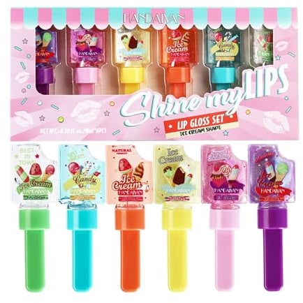 6PCS Shiny Mirror Teens Long Lasting Lip Gloss Set, Cute Ice Cream Moisturising Lip Gloss, Girls Party Favours, Non-Toxic Grils' Cosmetics