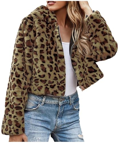 Felljacke Damen Kurz mit Kapuze Winterjacke Modische Leopardendruck Pelzjacke Winter Langarm Übergangsjacke Cardigan Wintermantel Pelzmantel Locker Plus Size Kunstfell Jacke Outdoorjacke
