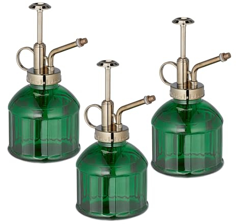 Relaxdays Glas Sprühflasche 3er Set, je 200 ml, nachfüllbar, mit Henkel, Handsprüher für Blumen, Pflanzen, grün/bronze