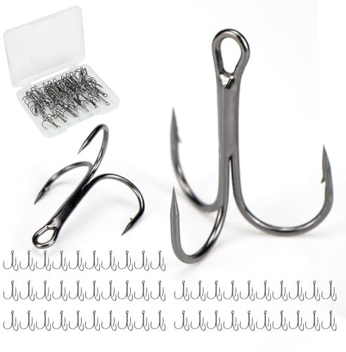 Piscorush Fishing Treble Hooks High Carbon Steel Fishing Hooks Classic Round Bend Sharp Solid Triple Barbed Fish Hook Fishing Tackle (Black, Size 6/0, Pack of 50)