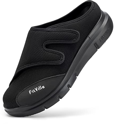 FitVille Extra Weit Schuhe Herren überbreite Reha-Slipper mit Klettverschluss Schwarz 41 EU X-Weit