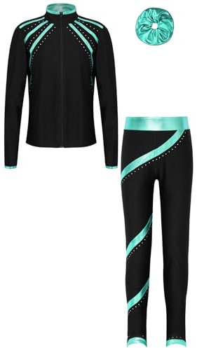 iiniim Mädchen Sport Kleidung Set Eiskunstlauf Anzug Glitzer Sweatjacke + Sport Hose Leggings + Haarband Trainingsanzug Gymnastik Yoga Tanzkleidung Blau Grün 146-152