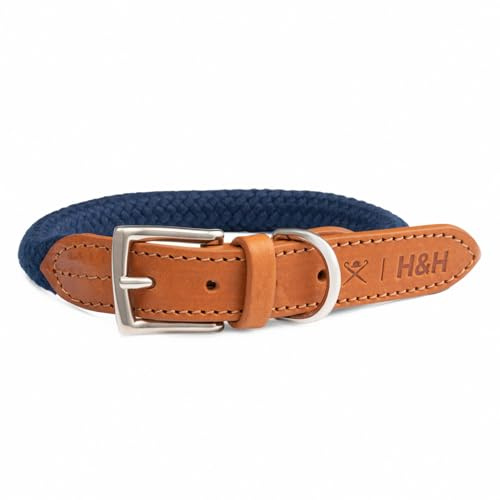 HUGO & HUDSON x HACKETT Rope Dog Collar with Cognac Leather with Adjustable Metal Buckle, Navy XL