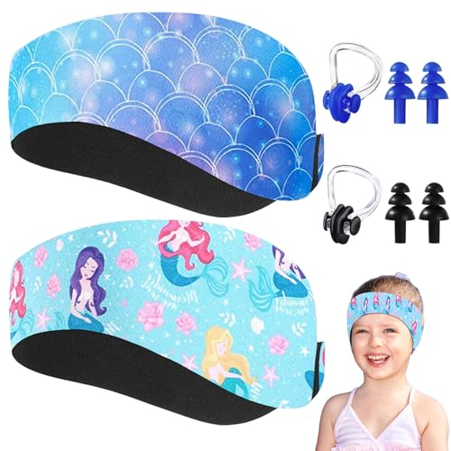 Bandeau de Natation Enfant,2 pcs Bandeau Oreille Piscine Enfant,Bandeau d'oreilles Enfants en Néoprène,Élastique Sport Bandeau avec Bouchon d'oreille Natation,Pince Nez (M2)