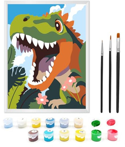 Zimrobin Peinture par numéros à partir de 5, 6, 7 ans, fille et garçon, peinture par numéros pour enfants avec cadre, 3 pinceaux et peintures acryliques, 18 x 24 cm(Dinosaure Mignon)