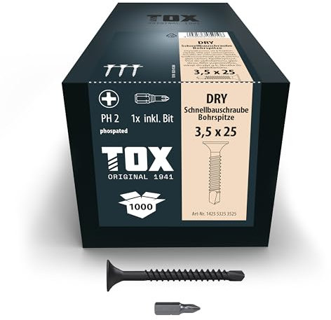 TOX Tornillos para tabiquería seca DRY BS 3,5 x 25 mm con punta de broca, magazinados para instalación con destornillador de cargador, 1000 piezas en una caja, 142553253525