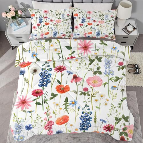 buyluhn Bettdecke 135x200 Bunt Blumen, 4 Jahreszeiten Bettdecken Anlage Ohne Bezug Nutzbar, Kinder Steppdecke Microfaser Ganzjahresdecke,Waschbar Bettzeug mit 1 Kissenbezug für Sommer Winter