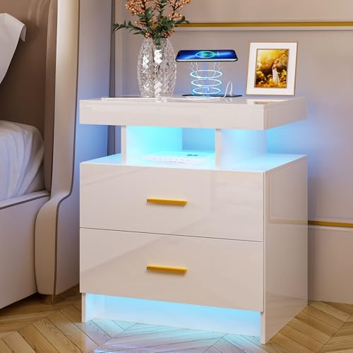 yoofun White LED Bedside Table with Wireless Charging Station, Smart Nightstand with USB Type-C, High Gloss Sofa Side End Table with 2 Drawers for Living Room Bedroom