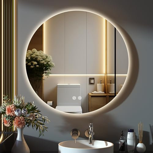 GIMBELEN Badezimmerspiegel mit Beleuchtung, 60 cm Runder Badspiegel mit Beleuchtung, 3 Lichtfarben, Dimmbar, Touch-Schalter, Speicherfunktion, Energiesparend, LED Spiegel Bad Wandspiegel mit Licht