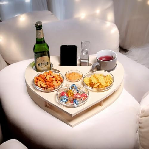 PEGSEN Herz Couchbar in Weiß - Couch Bar Snackbar personalisiert - Snackbox mit 4 Glasschalen - Getränkehalter für das Sofa -Sofatablett für Snacks & Getränke
