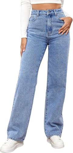 MANGGUO Jean Femme Taille Haute Coupe Droite Straight Jeans Baggy Jambes Larges amincissantes avec Tous Les Pantalon Automne Hiver Elastique Classique en Denim Jean Coupe(Couleur:Bleu Clair,Size:S)