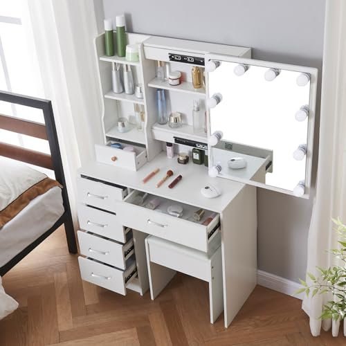 Ereousa Toeletta Trucco con Luci, Luminosità Regolabile, Specchiera Trucco con Specchio Scorrevole, Scrivania Trucco per Camera da Letto, Toilette Trucco con Sgabello, Bianco HSZY07W