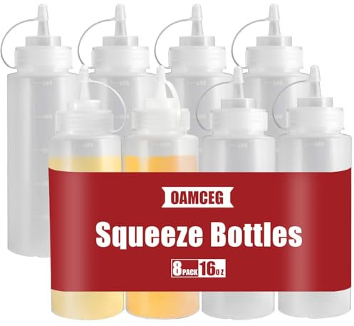 OAMCEG 16OZ Condiment Squeeze Bottles - 8 Pack Durable Plastic Squeeze Squirt Bottle with Discrete Measurements, for Ketchup, BBQ, Sauces, Syrup, Condiments, Dressings, Arts and Crafts, BPA Free
