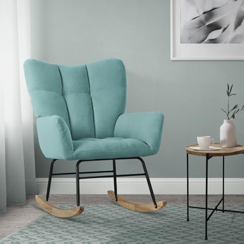 ML-Design Mecedora con Funda de Rizo Salvia Tumbona con Guías de Madera Sillón Ergonómico Reclinable con Reposabrazos Diseño Elegante Mueble Tapizado para Relax Salón Dormitorio Balcón