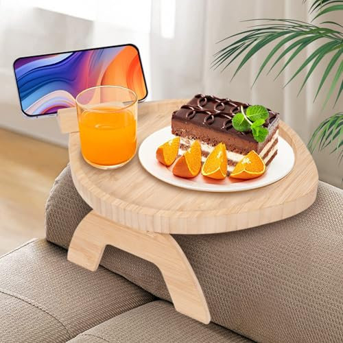 Yesaler Plateau de Canapé en Bambou à Clipser Plateau à Clipser avec Support Rotatif à 360 °Pliable Table D'appoint de Canapé Stable pour Collations Boissons Télécommande