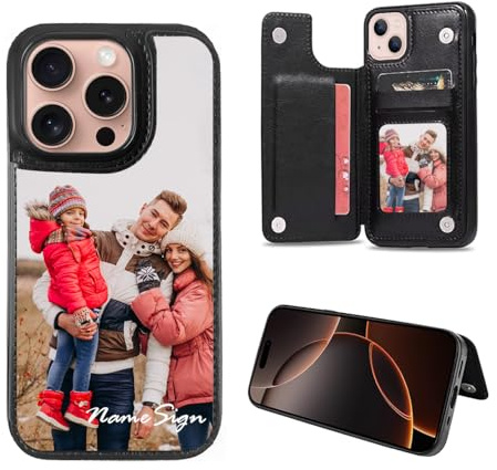 AESTHESTIFY Étui porte-cartes personnalisé pour iPhone 17 Air 16 15 14 13 12 11 Pro Max, Pro, Plus, Mini, XS XR X XS 8 7 SE, Housse de protection en cuir personnalisée avec photo et logo