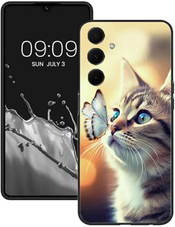 SEHEYA kompatible mit Samsung Galaxy A35 5G Hülle Matte Schwarz TPU Silikon Handyhülle Schön Muster Motiv Case Flache Kante Ultra Dünne Weiche Schutzhülle, Schmetterling Katze