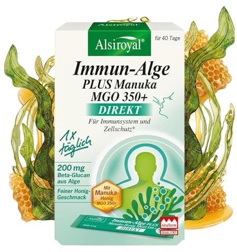 Alsiroyal Immun-Alge PLUS Manuka MGO 350+ DIREKT (40 Sticks) - Nahrungsergänzung mit Beta-Glucan aus Euglena gracilis, Vitamin C & Zink - Praktische Direkt-Sticks für unterwegs
