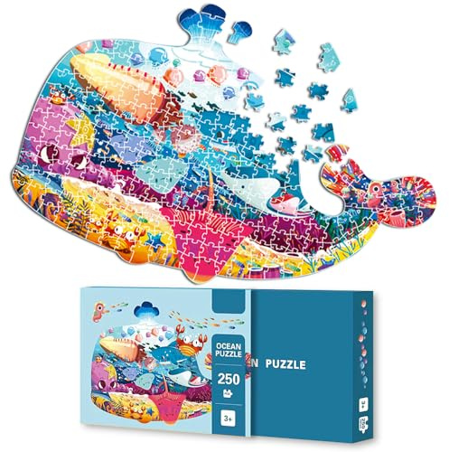 250 Pieces Whale Animal Shaped Kids Puzzles Ocean World Floor Jigsaw Puzzles for Kids Ages 4-8,8-10 Educational Toys Gift for Boys Exquisite Girls