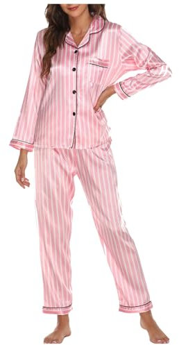 Pigiami Donna Estivi Lunghi - Pigiama Aperto Davanti Donna Colletto A Revers Manica Lunga Pantaloni Due Pezzi Set Stampa Elasticizzata in Raso con Bottoni Comfort Casual Sleepwear