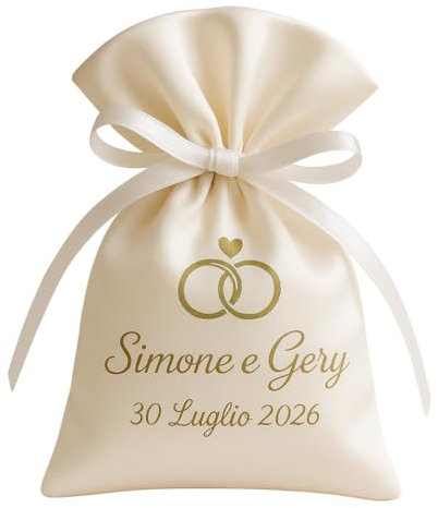 Cormar Sacchetti Bomboniera Matrimonio – Personalizzati con Nomi e Data, Colore Bianco – Ideali per Confetti, Regali e Ricordi di Nozze 24 Pezzi (Cuore + FEDI)