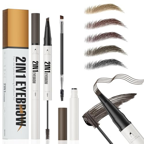 2 In1 Augenbrauenstift mit Gel, 2025 Microblading Augenbrauenstift Wasserfest, Dual-Ended Augenbrauen Gel and Eyebrow Pencil mit 4 Gabelspitzen, Bis zu 24 Stunden Halt, Wischfest (02# Braun)