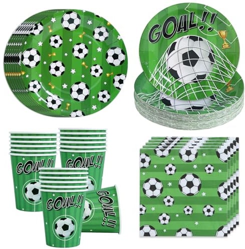 Vajilla Fiesta de Fútbol, 96 Piezas Vajilla Cumpleaños Desechable Incluir Platos Tazas Servilletas, Platos Desechable para Decoración Temática Deportiva Fiesta Cumpleaños Fútbol Niños(24 Invitados)
