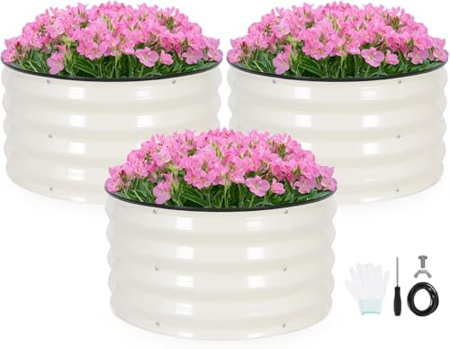 LATERN 3Pcs Round Raised Garden Bed, 60CM x 60CM x 30CM Galvanized Steel Planter Box Bottomless Metal Raised Bed for Outdoor Growing Plant Vegetable Flower Herb (with Installation Kit, White)