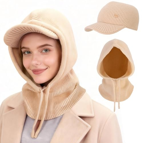 AYPOW Damen Winter Thermo Slouch Strickmütze und Schal, 2 in 1 Einstellbar Warm Winddichte Kapuzenschal Sturmhaube und Nackenwärmer, Winter Schirmmütze Visor Beanie Hüte für Outdoor Sportarten