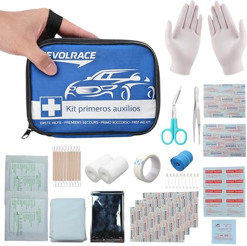 REVOLRACE Kit de Primeros Auxilios para Coche 90 Piezas – Botiquín de Emergencia Compacto e Impermeable – Estuche Portátil de Nylon para Carretera, Viaje y Vehículo