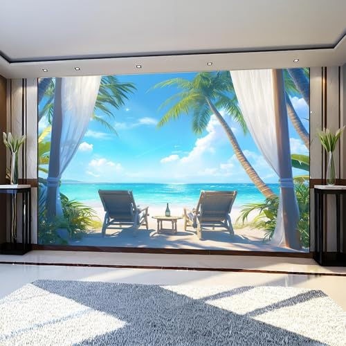 Papier Peint Panoramique chaises de plage Intissé 200 x 140 cm Bleu Peinture Murale Chambre Salon