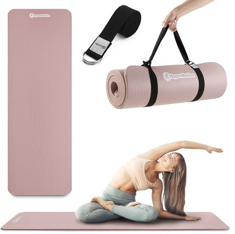 HyperMotion Yogamatte Fitnessmatte NBR 183x61x0,8 cm Schwarz, Rutschfest 8 mm, mit Tragegurt und Stretchband, Trainingsmatte für Yoga, Pilates und Workout (Dunkelrosa, 15mm)