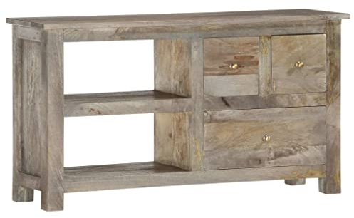 kithwjll TV-Schrank 100x30x55 cm Massivholz Mango, Grau Eichen-Optik, Vintage Lowboard mit 2 Fächern, Wohnzimmer Fernsehschrank