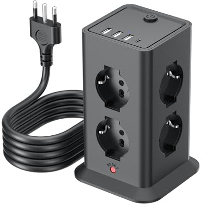 3 M Ciabatta Elettrica Multipresa con 8 Prese Universali ITA e Schuko,4 USB | 8 10A/16A AC Prese Multipla, Protezione Sovratensione Prolunga Elettrica,1 Interruttori Torretta Scarpetta Verticale 3680W