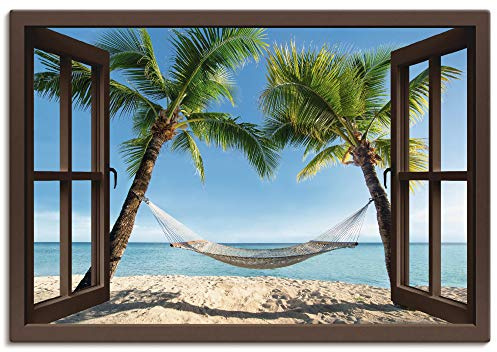 ARTLAND Wanddeko Leinwand Bilder Wandbild 130x90 cm Fensterblick Fenster Strand Karibik Meer Palmen Hängematte Südsee T4TP