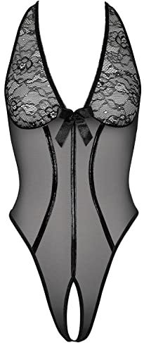 Orion Neckholder Body, Stringbody mit Spitze & Ouvert Öffnung, schwarz