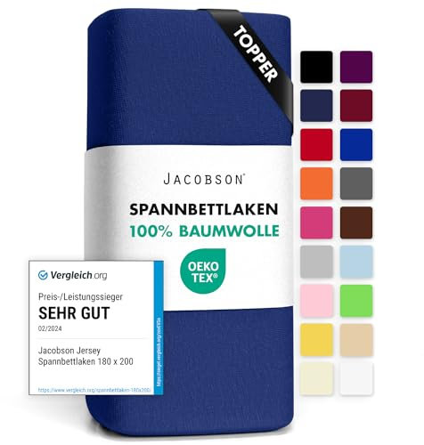 Jacobson Jersey Spannbettlaken Spannbetttuch Baumwolle Bettlaken (Topper 180-200x200 cm, Royal Blau)