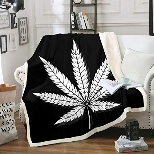 Loussiesd Marihuana Leaf Flanell Fleecedecke 150x200cm Cannabisblätter Kuscheldecke Marihuana Weed Leaf Drucken Wohndecke für Männer Schwarz Weiß Blattmuster für Bed Sofa